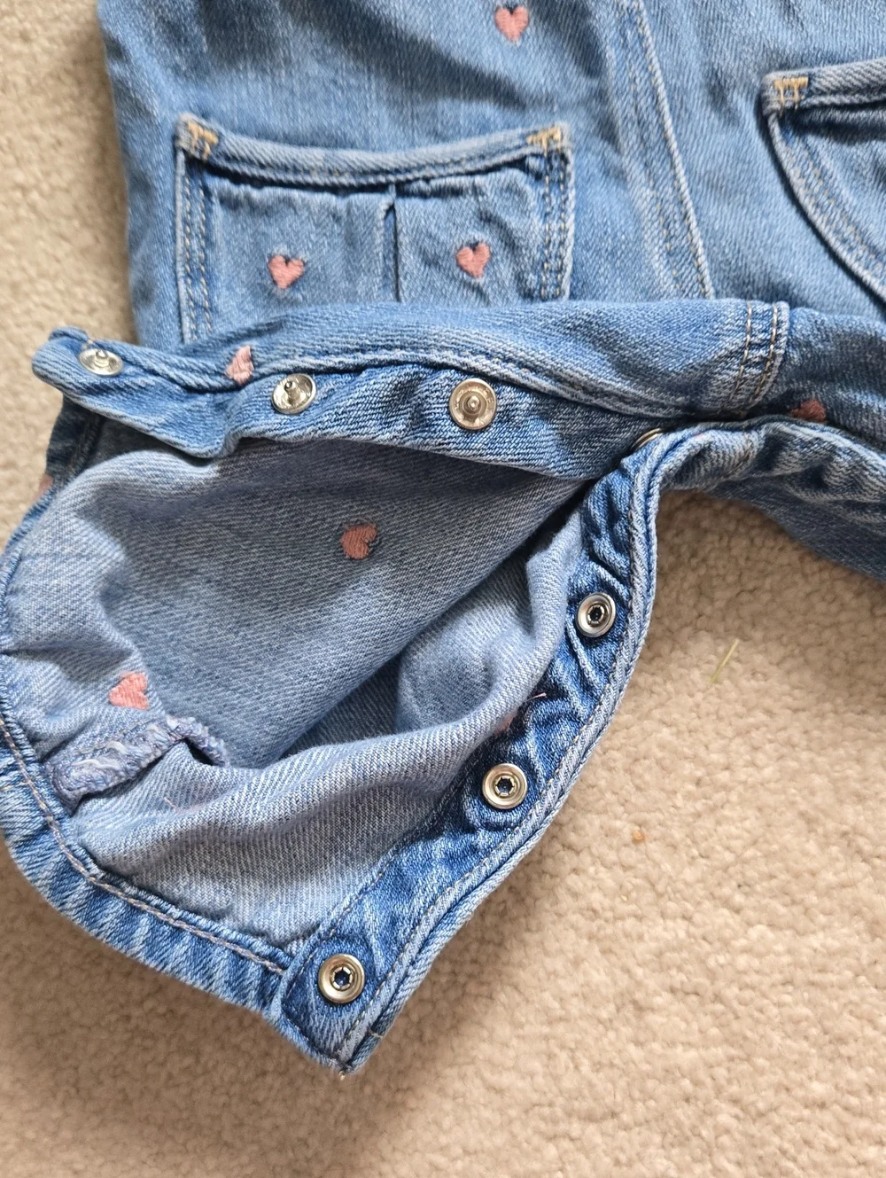 GAP Denim Overalls with Pink Heart Embroidery, Size 3-6M